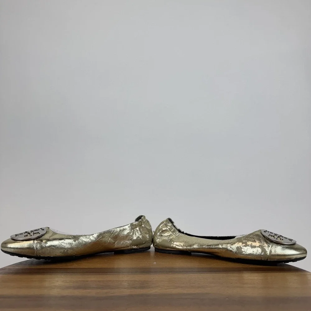Womens Tory Burch Claire Cap Toe Metallic Gold Leather Ballet Flats‎ Size 9.5 M